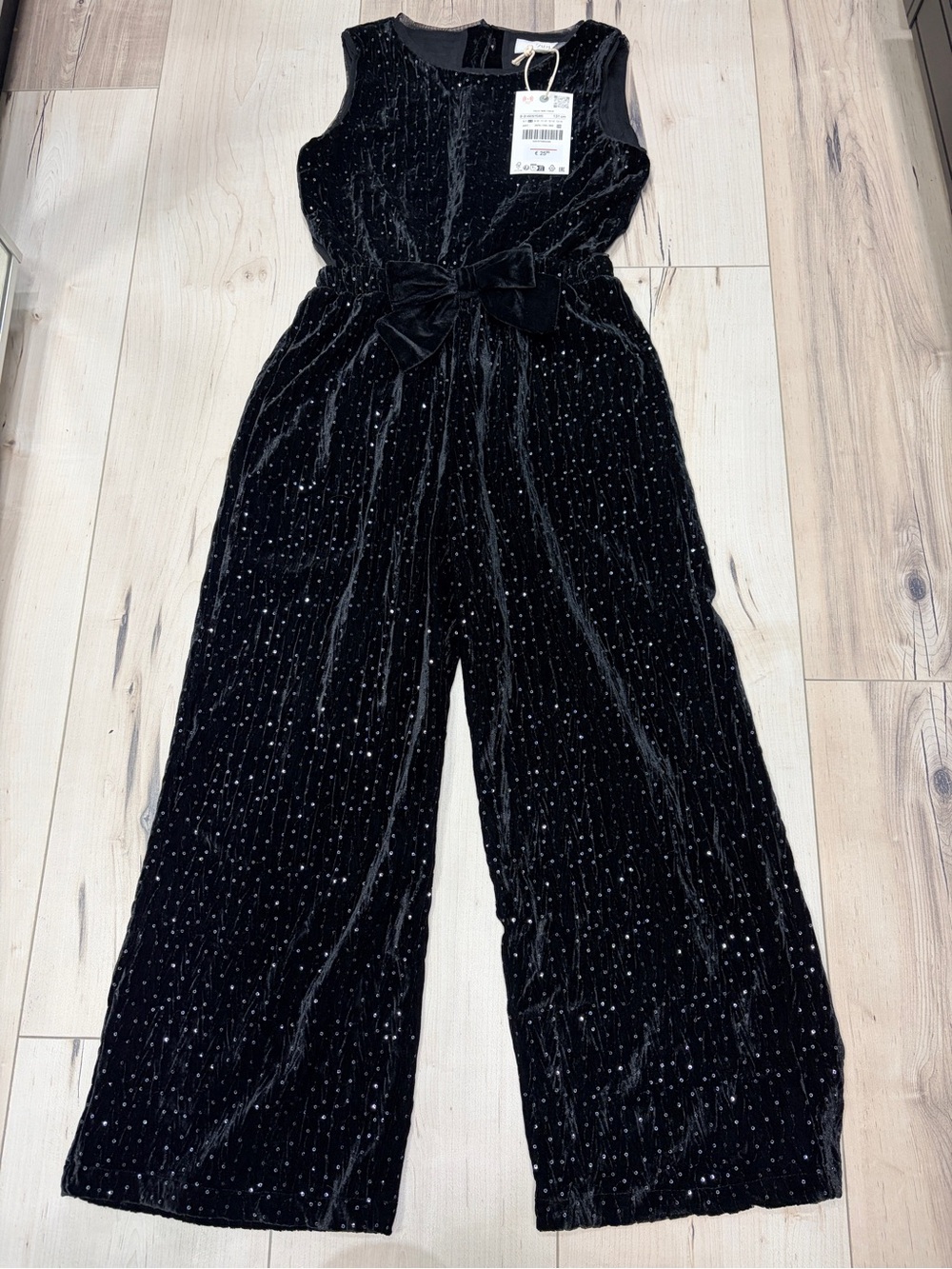 Zara Black Velvet Sparkle Bow-Waist Jumpsuit